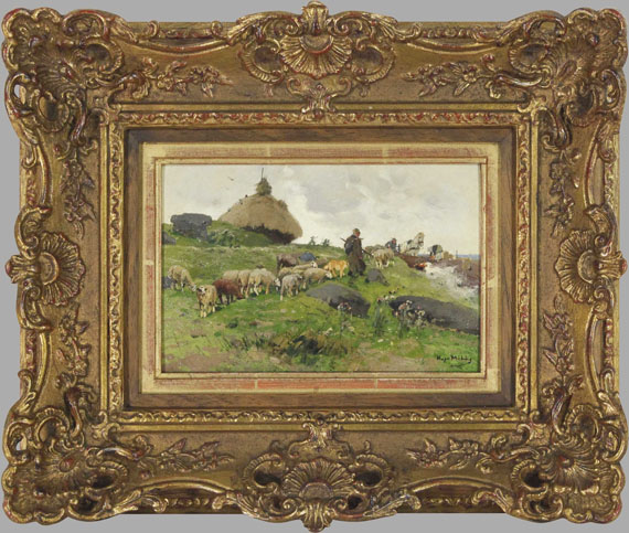 Hugo Mühlig - Schäfer mit Herde auf dem Heimweg - Frame image