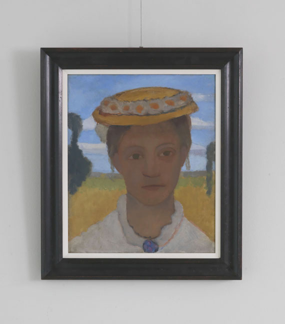 Paula Modersohn-Becker - Kopf der Schwester Herma mit Marienblümchenkranz auf dem Hut - 