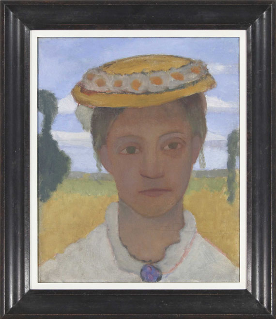 Paula Modersohn-Becker - Kopf der Schwester Herma mit Marienblümchenkranz auf dem Hut - Frame image