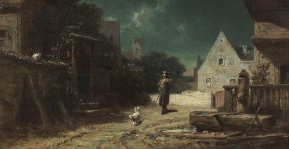 Carl Spitzweg - Nachtwächter bei Mondschein, Hund und Katze