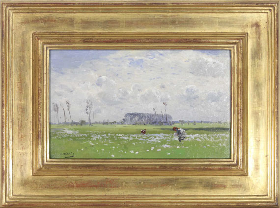 Hugo Mühlig - Sommerwiese mit blumenpflückenden Mädchen - Frame image