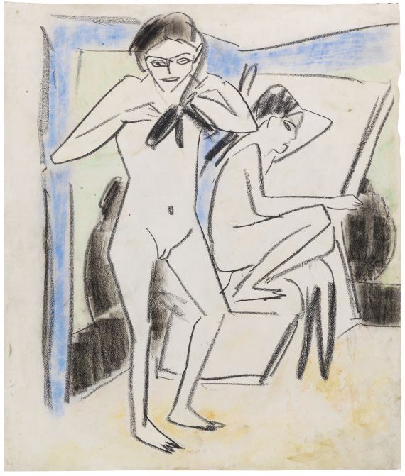 Ernst Ludwig Kirchner - Sitzende mit großem Hut, Emy Frisch / Szene im Atelier (Fränzi (Marzella) und Artistin) - 