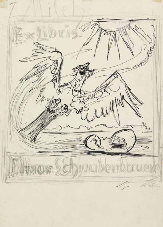 Alfred Kubin - Zwei Blätter Entwurfszeichungen für Exlibris + Beigaben - 