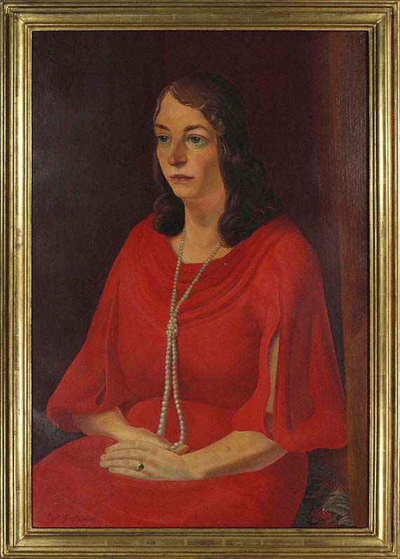 Curt Grosspietsch - Porträt einer Dame mit Perlenkette im roten Abendkleid