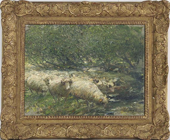 Heinrich von Zügel - Schafherde am Bach im Baumschatten - Frame image