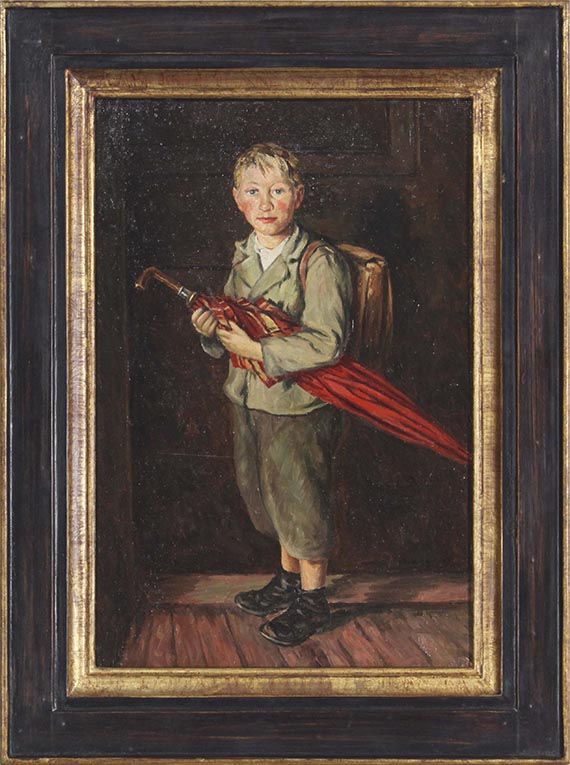 Franz von Defregger - Schulbub mit großem roten Schirm - Frame image