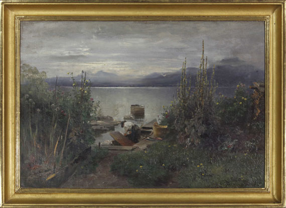 Joseph Wopfner - Blumengarten und Fischer auf der Fraueninsel - Frame image