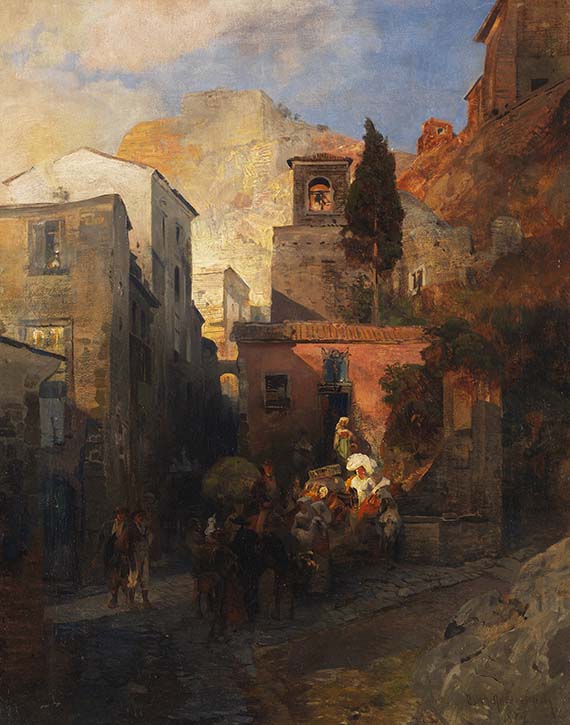 Oswald Achenbach - Straßenszene in einem italienischen Bergdorf