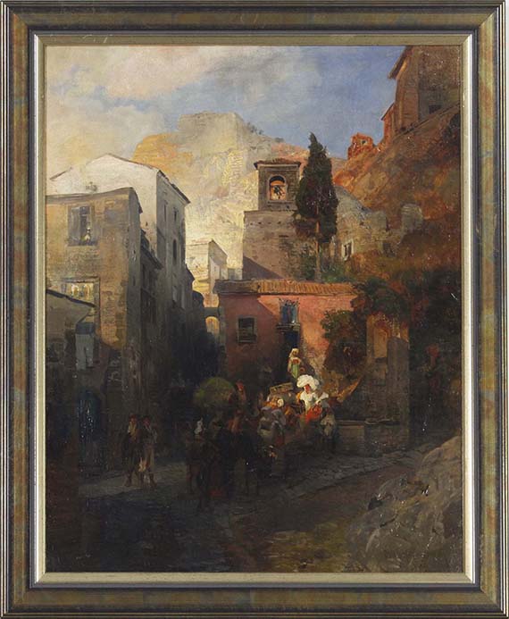 Oswald Achenbach - Straßenszene in einem italienischen Bergdorf - Frame image