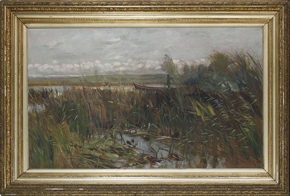 Karl Hagemeister - Märkische Seenlandschaft mit Entenjäger im Kahn stehend - Frame image