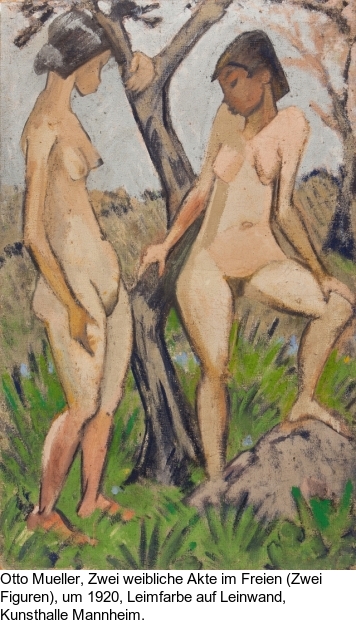 Otto Mueller - Zwei Mädchenakte (Zwei stehende Mädchenakte unter Bäumen / Zwei Mädchen neben Baumstämmen stehend) - 