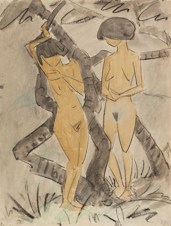 Otto Mueller - Zwei Mädchenakte (Zwei stehende Mädchenakte unter Bäumen / Zwei Mädchen neben Baumstämmen stehend)