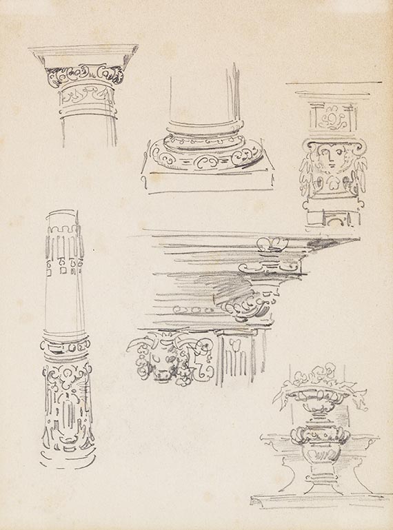Wilhelm Busch - 6 Bll.: Küchenutensilien (Bl. 1a u. b). Säulenkapitelle (Bl. 2). Säulen, Kapitell und Konsole (Bl. 3). Fensterportale und Architekturornamente (Bl. 4). Buchstaben (Bl. 5) - 