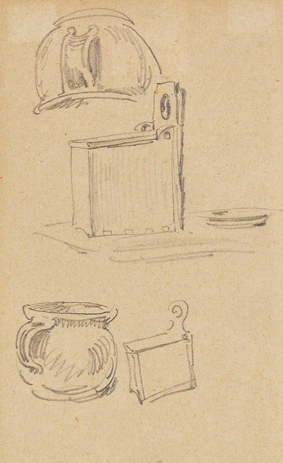 Wilhelm Busch - 6 Bll.: Küchenutensilien (Bl. 1a u. b). Säulenkapitelle (Bl. 2). Säulen, Kapitell und Konsole (Bl. 3). Fensterportale und Architekturornamente (Bl. 4). Buchstaben (Bl. 5) - 
