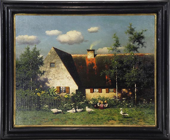 Paul Wilhelm Keller-Reutlingen - Spielende Kinder und Gänse vor dem Bauernhof - Frame image