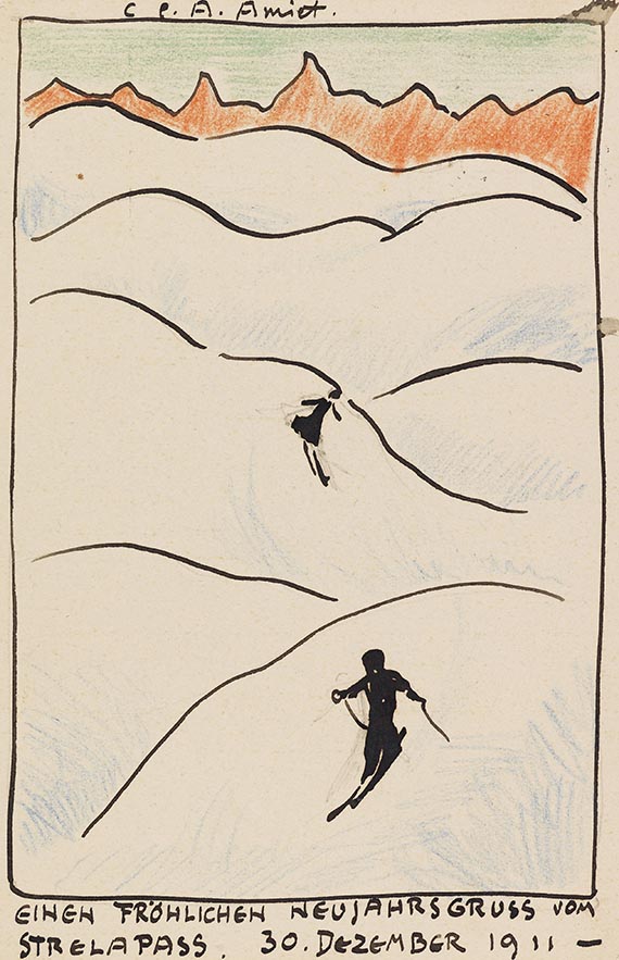 Cuno Amiet - Postkarte: Berglandschaft mit Skifahrer