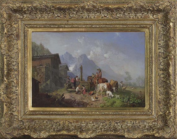 Heinrich Bürkel - Gebirgsdorf mit Brunnen. Im Hintergrund das Wettersteingebirge - Frame image