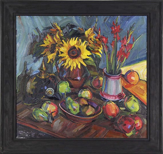 Peter August Böckstiegel - Blumenstilleben mit Sonnenblumen, Gladiolen und Pickelhelm - Frame image