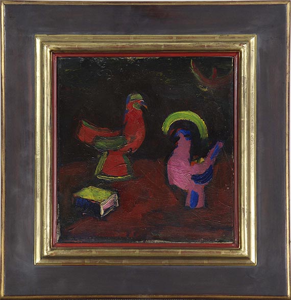 Hermann Stenner - Stillleben mit Tierfiguren und einem Buch (Hahn, Henne und Schachtel) - Frame image