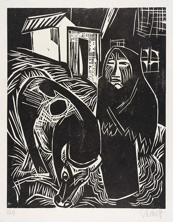 Karl Schmidt-Rottluff - Bäuerin mit Kuh (Holzstock & Holzschnitt) - 