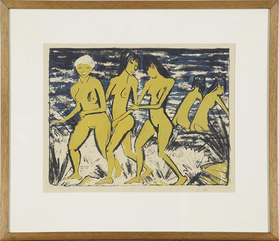 Otto Mueller - Fünf gelbe Akte am Wasser (Fünf Mädchen am Strand, Nordsee, Badende Mädchen) - Frame image