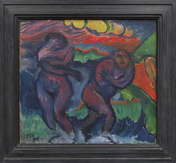 Hermann Max Pechstein - Zwei Badende Frauen / Stillleben mit Gloxinie, Früchten und Bildnis Lotte - Frame image