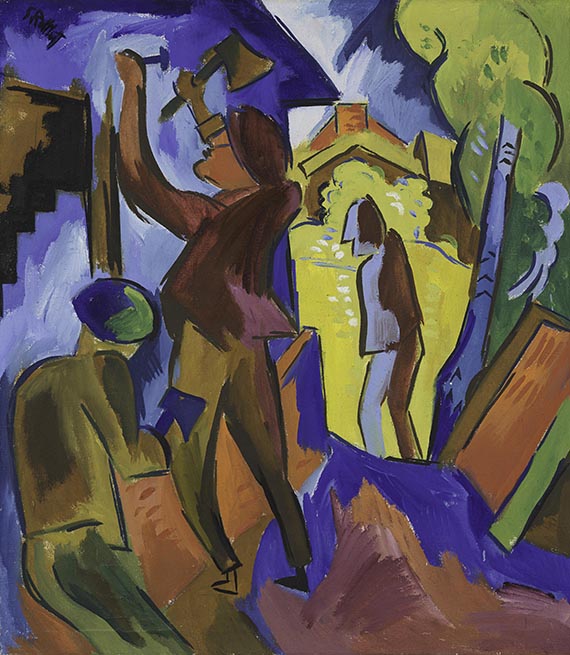 Illustration for: Karl Schmidt-Rottluff, Handwerker am Haus, 1922, oil on canvas, Brücke-Museum, Berlin. © VG Bild-Kunst, Bonn 2025