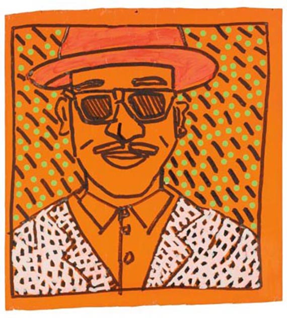 Illustration for: Keith Haring, Portrait of Fred Brathwaite (Fab 5 Freddy), 1981, gouache, marker and stickers on colored paper, sold at Sotheby’s, New York, 2012.