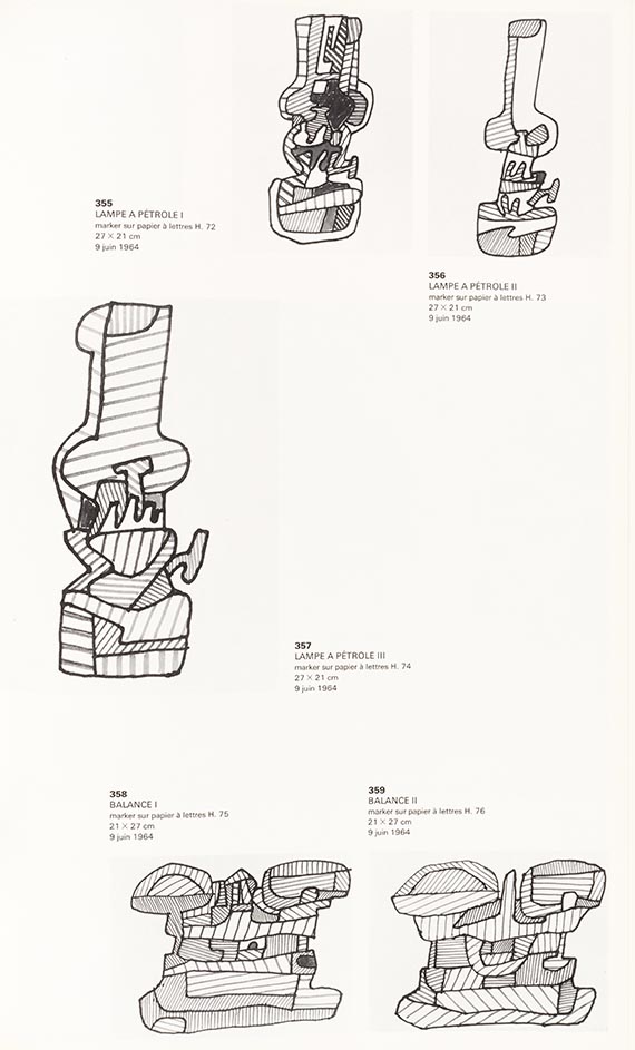 Illustration for: Jean Dubuffet, drawings of kerosene lamp and scales 1964, from: Max Loreau, Fascicule XX: L'Hourloupe I, Paris 1966, p. 163. © VG Bild-Kunst, Bonn 2025