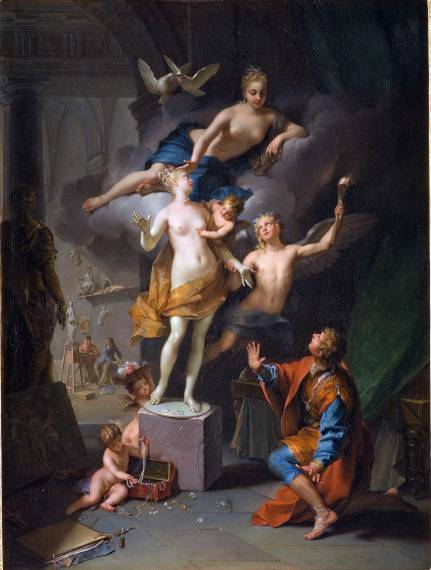 Illustration for: Jean Raoux, Pygmalion amoureux de sa statue (Pygmalion worships his statue), 1717, oil on canvas.