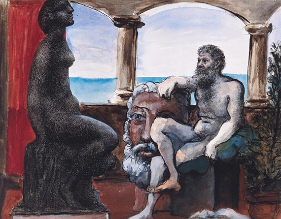 Illustration for: Pablo Picasso, Le Sculpteur et la Statue, gouache, watercolor and ink on paper, 1933, Berggreun Collection, Berlin. © Succession Picasso / VG Bild-Kunst, Bonn 2025
