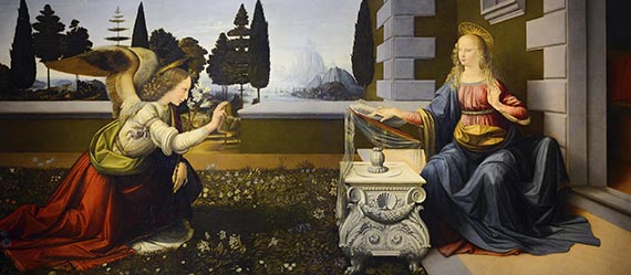 Illustration for: Leonardo da Vinci, The Annunciation, about 1472, oil on wood, Uffizi Gallery, Florence