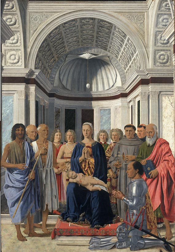 Illustration for: Piero della Francesca, Madonna and Child with Saints, Angels and Federico da Montefeltro (San Bernardino Altarpiece), 1472-1474, tempera on panel, Pinacoteca di Brera, Milan