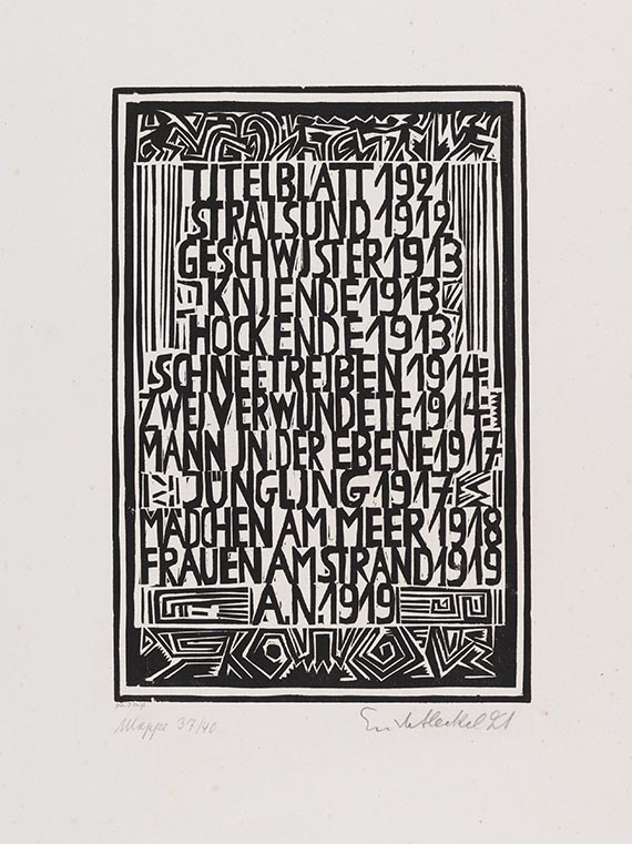 Erich Heckel - Umschlag, Titelblatt und Inhaltsverzeichnis der Mappe "Elf Holzschnitte, 1912-1919, Erich Heckel bei J.B. Neumann" - 