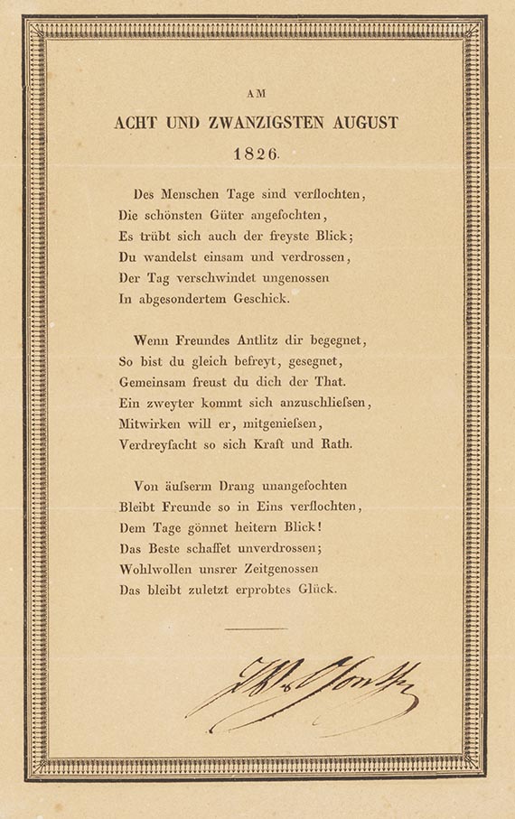 Johann Wolfgang von Goethe - G 49: Gedrucktes Gedicht mit eigh. Unterschrift