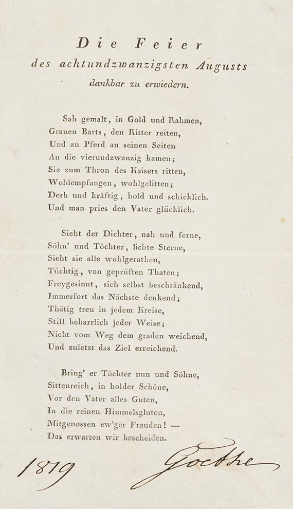 Johann Wolfgang von Goethe - G 60 Gedrucktes Gedicht mit eigh. Unterschrift