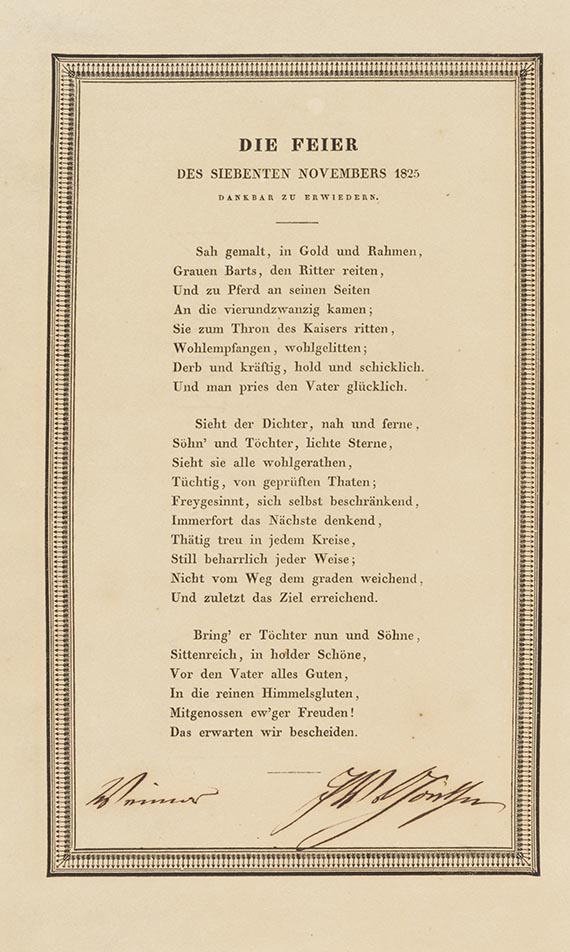 Johann Wolfgang von Goethe - G 61: Gedrucktes Gedicht mit eigh. Unterschrift u. Ort