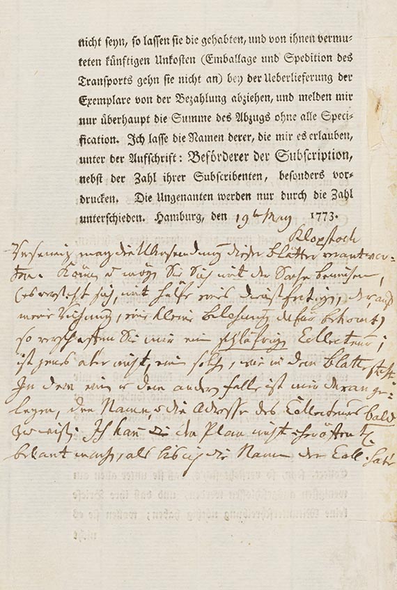 Friedrich Gottlieb Klopstock - A 57: gedruckte Subskribenteneinladung mit eigh. U. und Anmerkungen