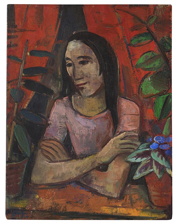 Hofer - Mädchen am Fenster mit Blattpflanzen