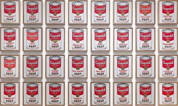 Illustration for: Andy Warhol, Campbell’s Soup Cans (32 pieces), 1962, acrylic on canvas, Museum of Modern Art, New York. © The Andy Warhol Foundation for the Visual Arts