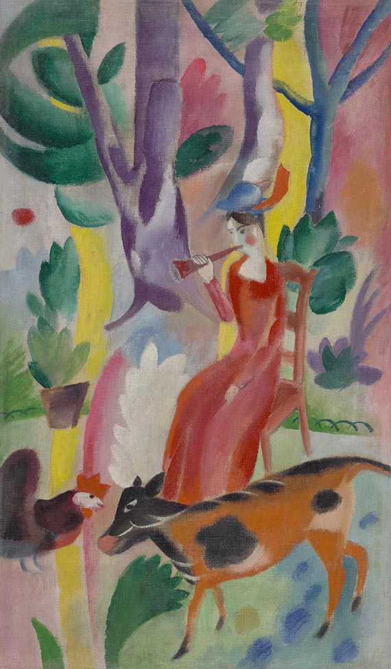 Illustration for: Heinrich Campendonk, Schalmeibläserin, 1914, oil on canvas on cardboard, Städtische Galerie im Lenbachhaus, Munich.<br />© VG Bild-Kunst, Bonn 2025