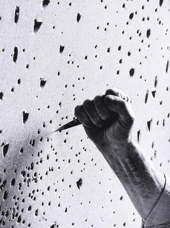 Illustration for: Lucio Fontana in his studio, 1966.