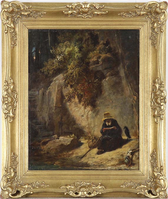 Carl Spitzweg - Lesender Einsiedler mit Raben in einer Schlucht - Frame image