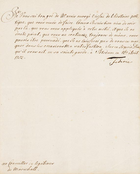 Friedrich II. der Große - Von Schreiberhand mit eigh. Unterschrift. An Berater der Marshall Gedandtschaft