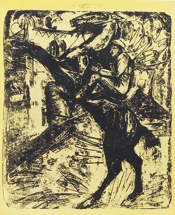Illustration  for: E. L. Kirchner, Steigendes Pferd mit Reiter (Rider on a Rearing Horse), 1915, Lithograph, St&auml;del Museum, Frankfurt/Main.