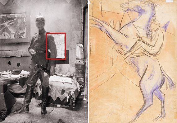 Illustration  for: Self portrait as a soldier at his studio in Berlin-Friedenau, K&ouml;rnerstrasse 45, 1915, photo: E. L. Kirchner. In the background on the wall, the reverse of the drawing on offer (photo on the right) might be visible, ca. 1915, black and colored chalk.
