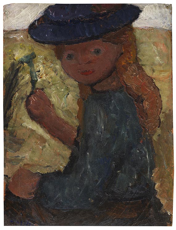 Modersohn-Becker - Sitzendes Mädchen mit blauem Hut und Blume in der rechten Hand