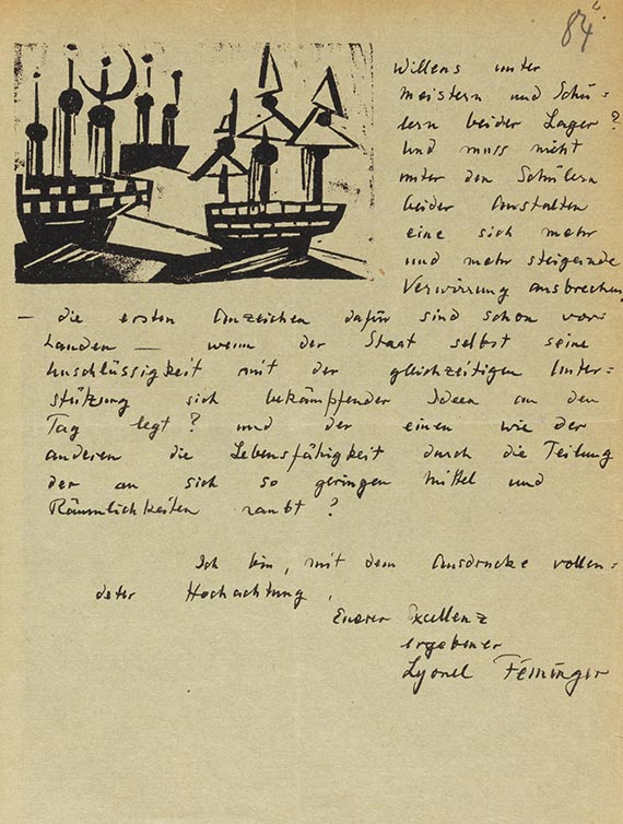 Lyonel Feininger - Eigenhändiger Brief mit 4 Holzschnitten - 